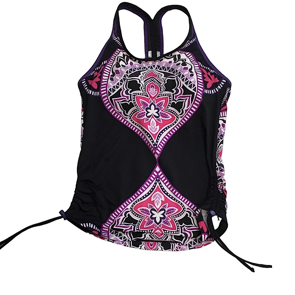 ATHLETA sz Small Tankini Swim Top Style 819804 Adjustable Sides Black Pink